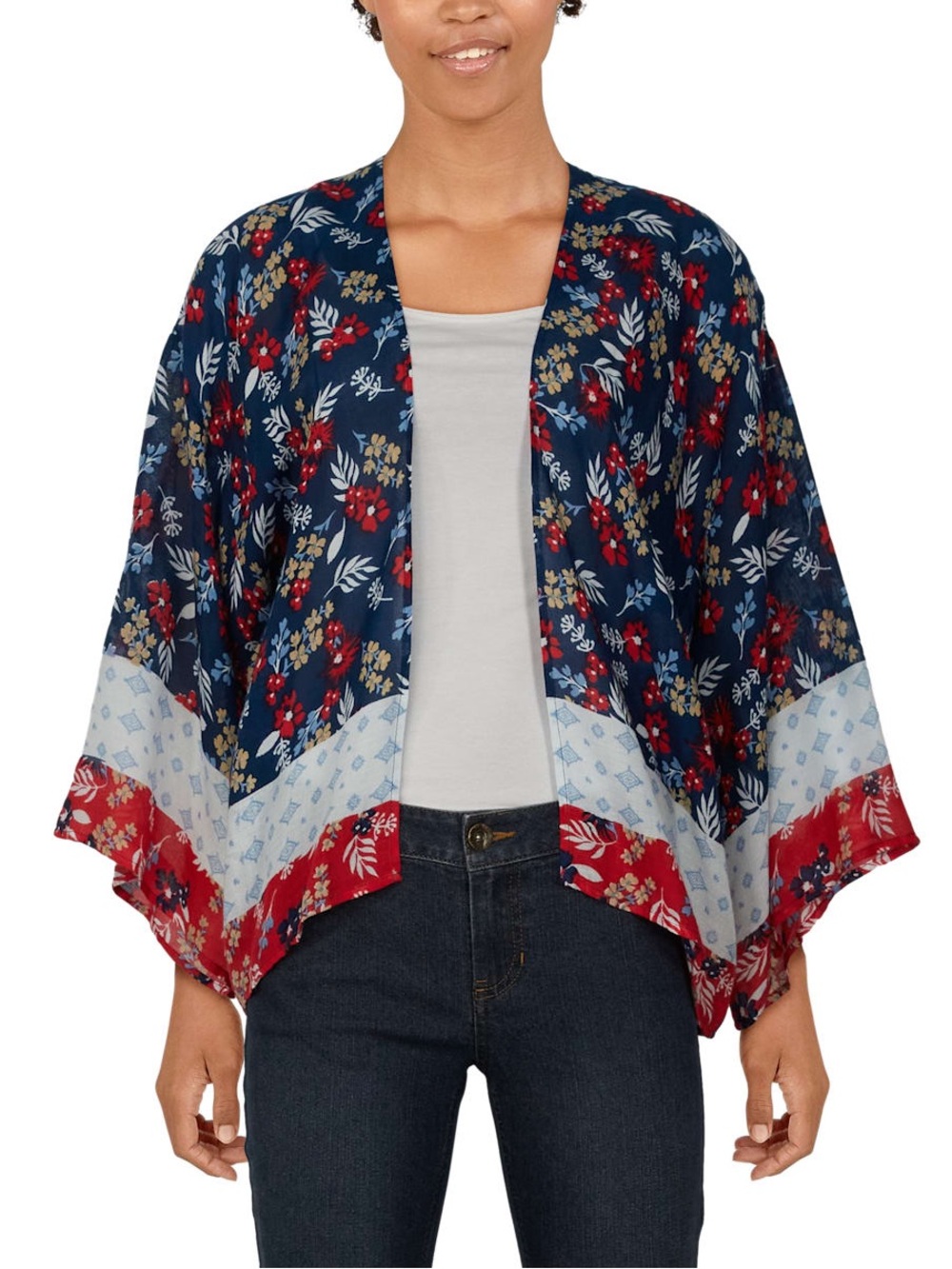 Natural Reflections Navy, Red & Cream Floral Open-Front Kimono Cardigan XL